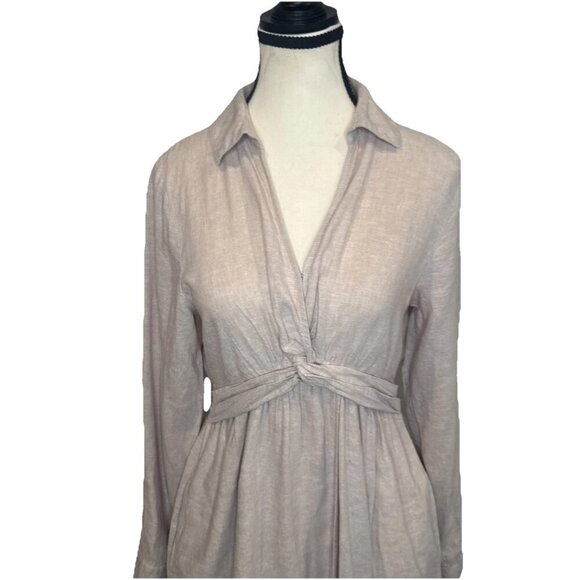 Joie Beige Long Sleeve Knot Front Linen Blend Collared Dress Sz S Travel Coastal - Picture 2 of 11